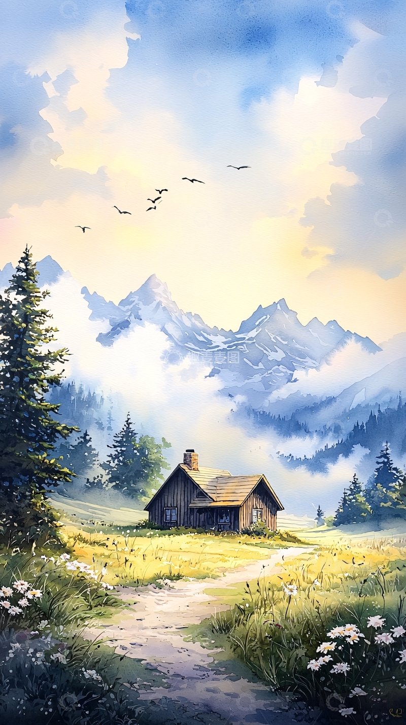 高清大图下载【趣麦麦图】山间小屋与群鸟飞翔