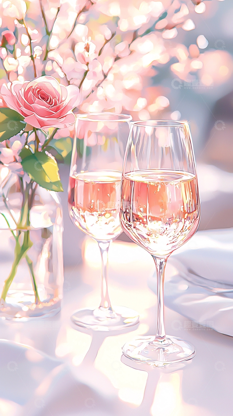高清大图下载【趣麦麦图】粉红色玫瑰与香槟杯的艺术插画