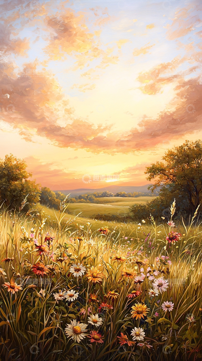 高清大图下载【趣麦麦图】夕阳下的田野花海