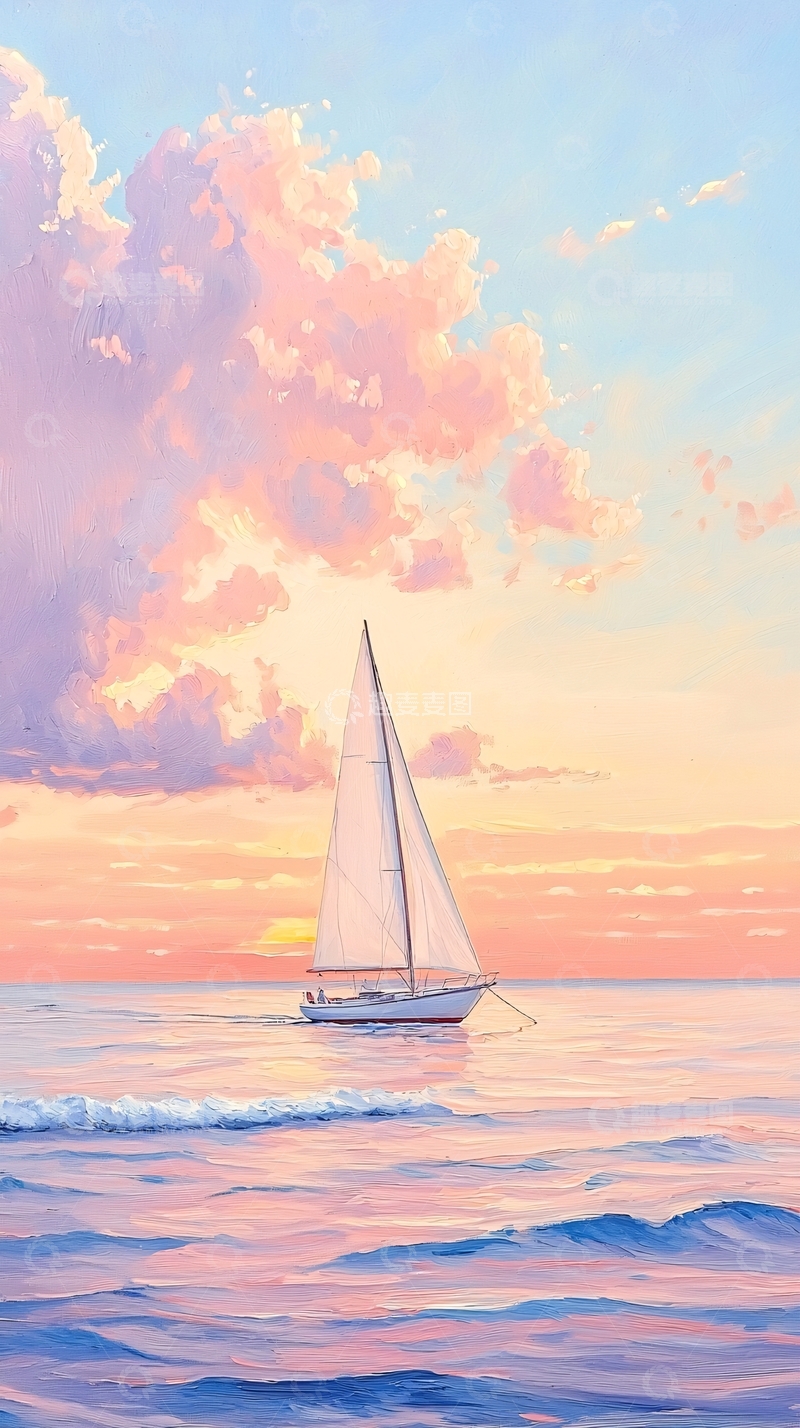 高清大图下载【趣麦麦图】日落帆船海景画