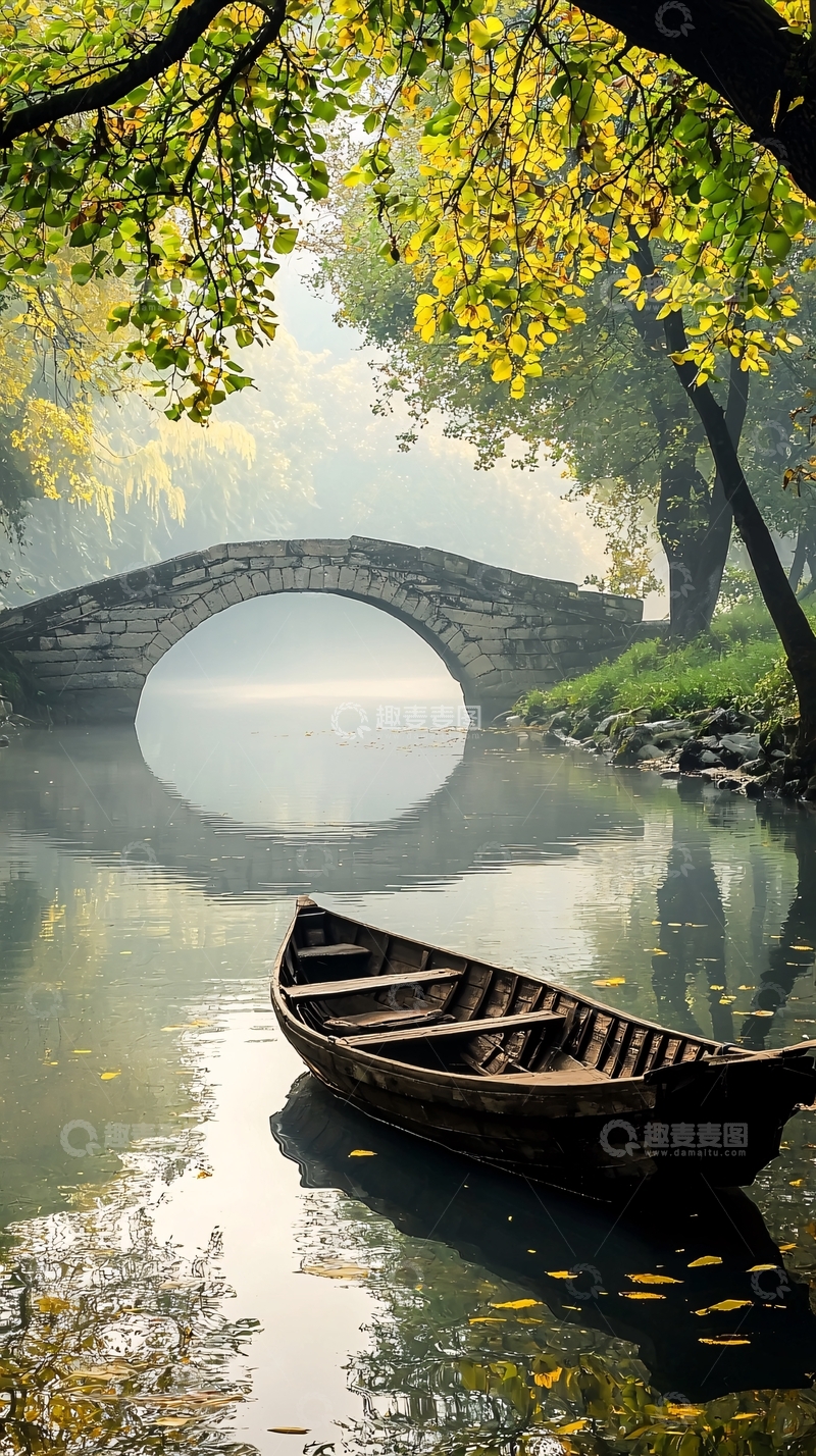 高清大图下载【趣麦麦图】秋日静谧古桥与小舟