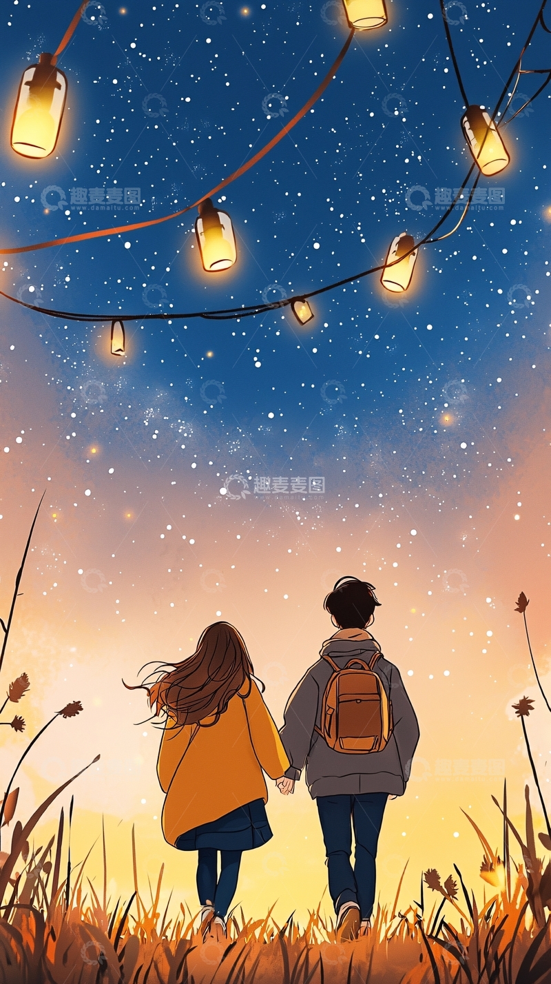 高清大图下载【趣麦麦图】情侣手牵手夜景浪漫插画