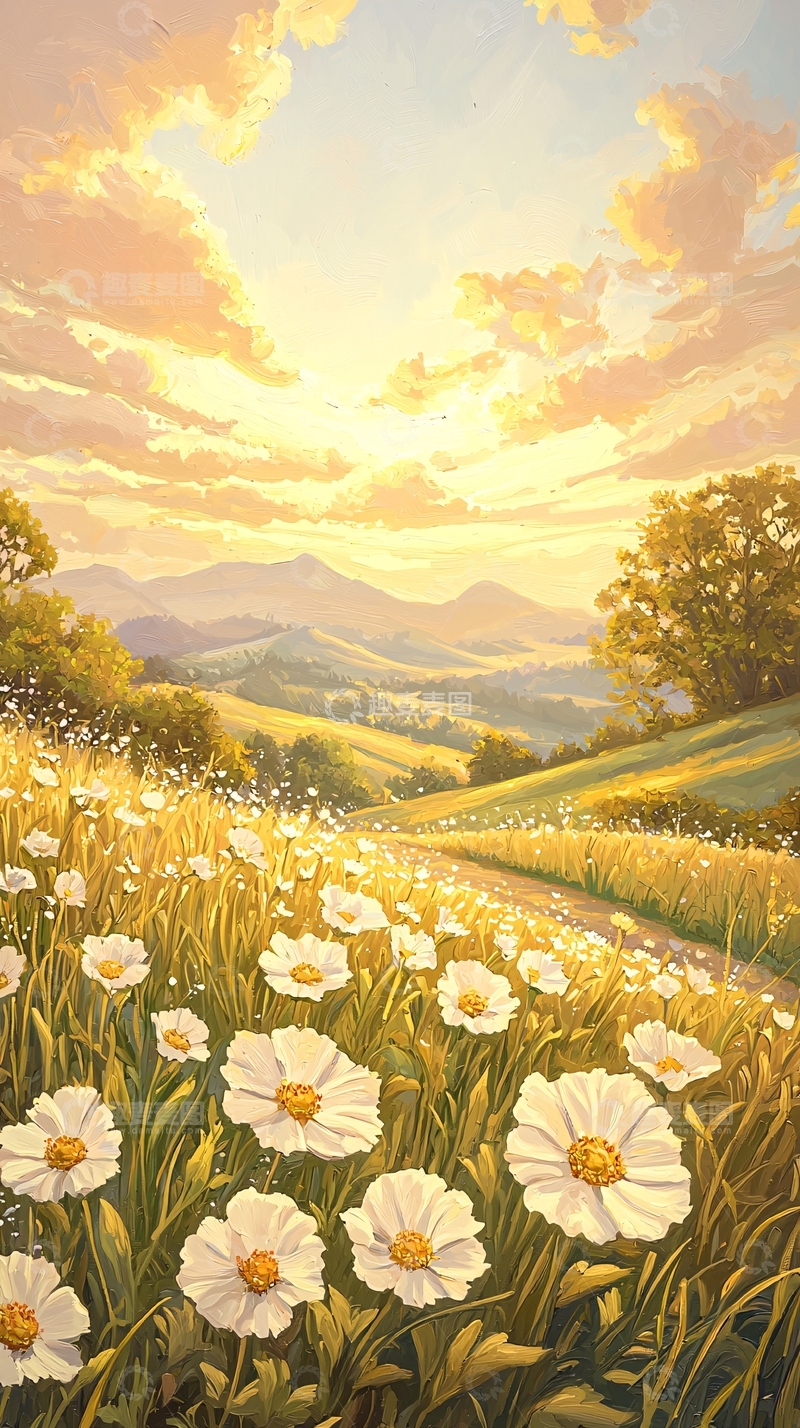 高清大图下载【趣麦麦图】夕阳下的田野花海
