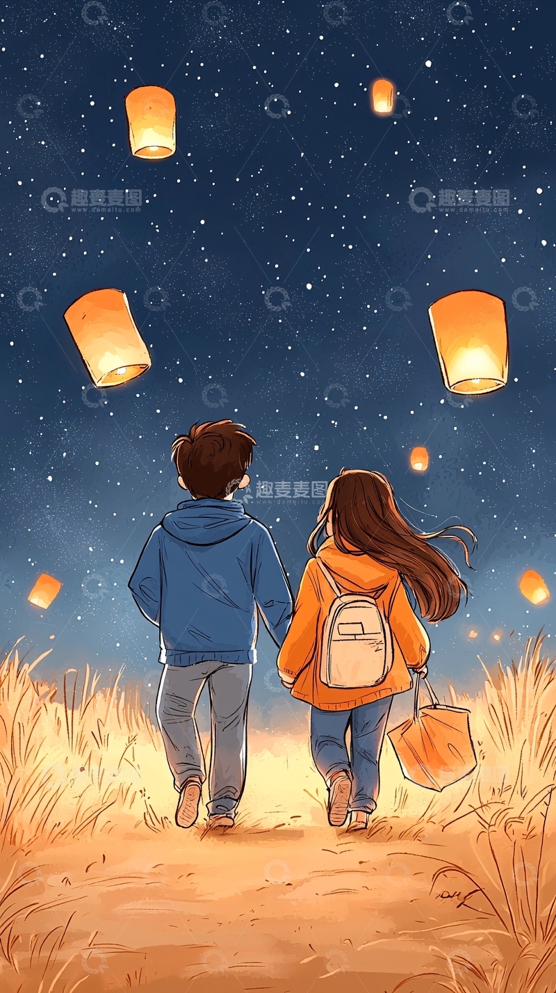 高清大图下载【趣麦麦图】情侣手牵手放孔明灯夜景