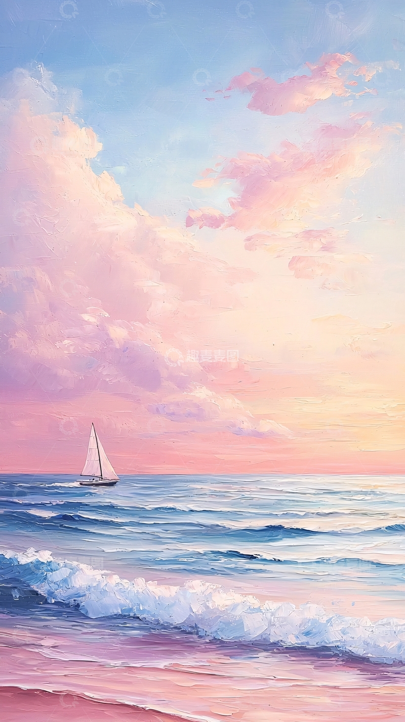 高清大图下载【趣麦麦图】日落海景帆船油画