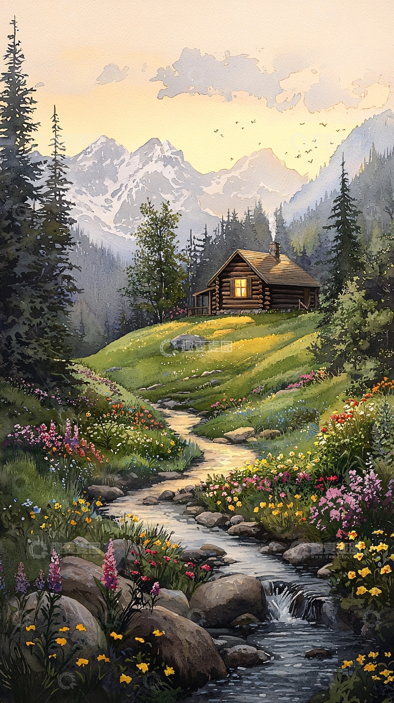 高清大图下载【趣麦麦图】山间小屋与溪流的宁静画卷