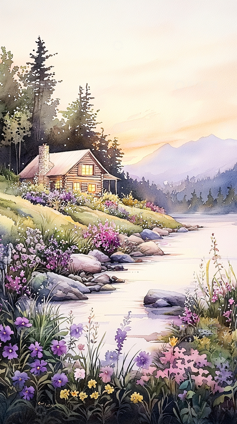 高清大图下载【趣麦麦图】山间小屋与花海的宁静画卷