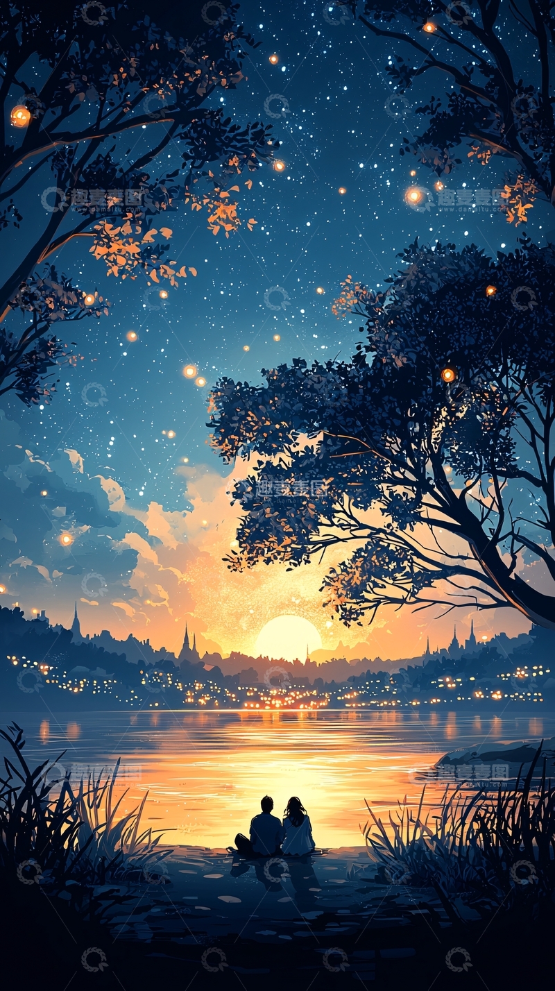 高清大图下载【趣麦麦图】湖畔夜景情侣浪漫