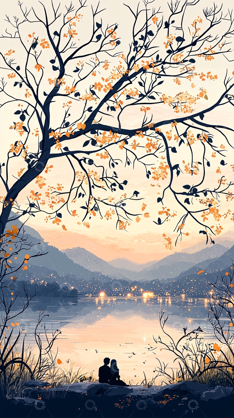 高清大图下载【趣麦麦图】秋日湖畔情侣剪影