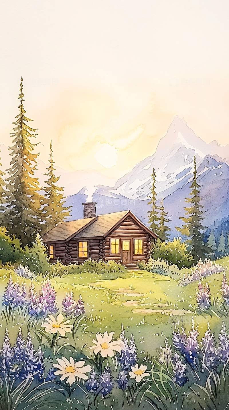高清大图下载【趣麦麦图】山间小屋与野花的宁静早晨
