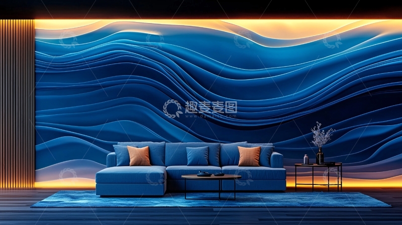 高清大图下载【趣麦麦图】现代风格蓝色沙发背景墙