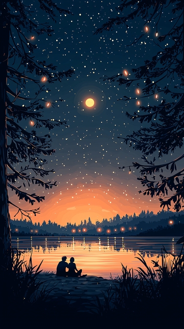 湖边夜晚情侣剪影