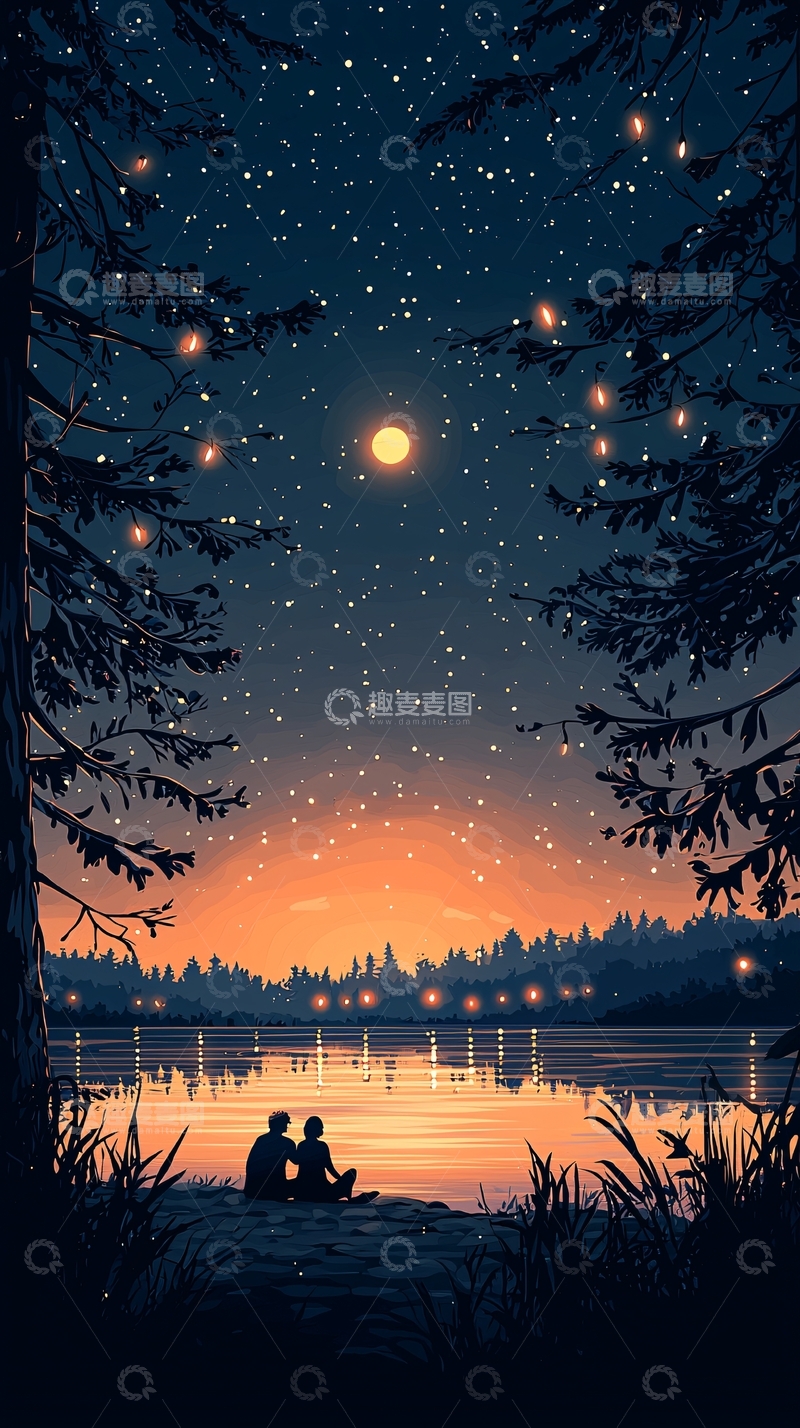 高清大图下载【趣麦麦图】湖边夜晚情侣剪影