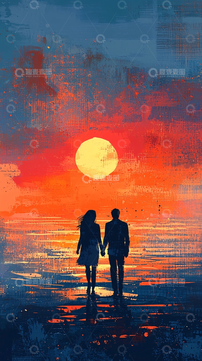 高清大图下载【趣麦麦图】夕阳下牵手的情侣剪影