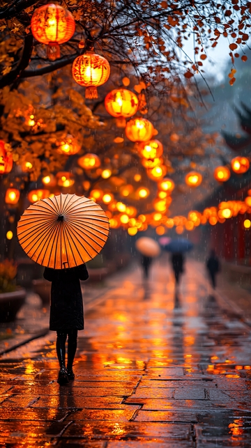 雨中灯笼下的孤独行人