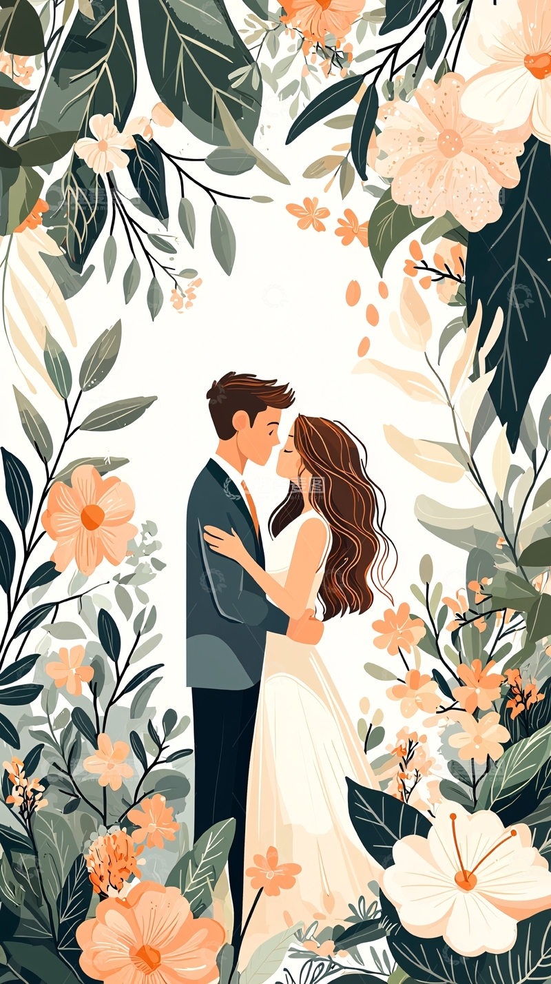 高清大图下载【趣麦麦图】新人婚礼花环背景插画