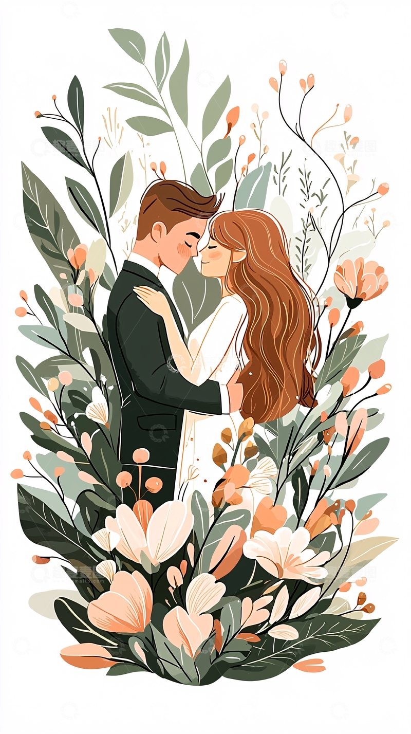 高清大图下载【趣麦麦图】浪漫情侣与花卉插画