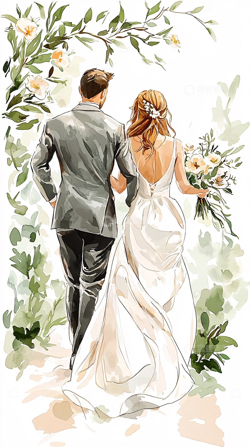 高清大图下载【趣麦麦图】新婚夫妇手牵手走过花拱门