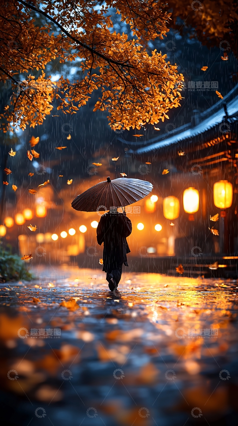 高清大图下载【趣麦麦图】秋雨古街漫步