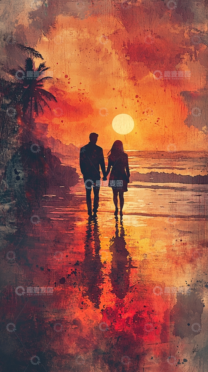 高清大图下载【趣麦麦图】夕阳海滩情侣手牵手