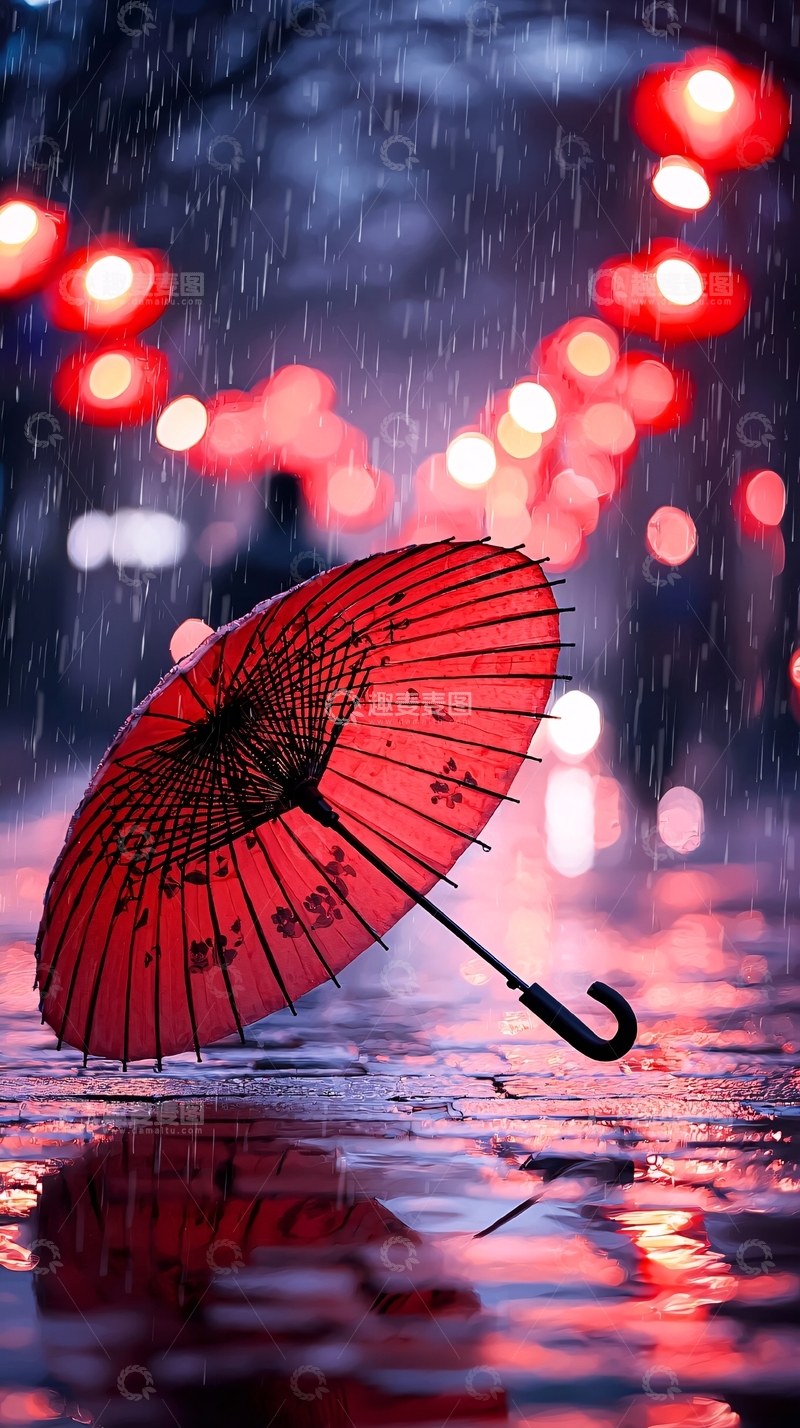 高清大图下载【趣麦麦图】雨中红伞夜景