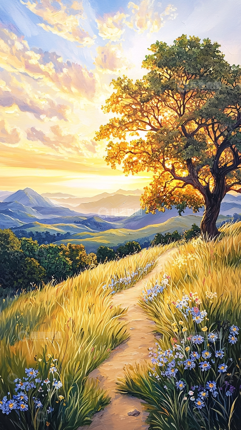 高清大图下载【趣麦麦图】夕阳下的山间小径