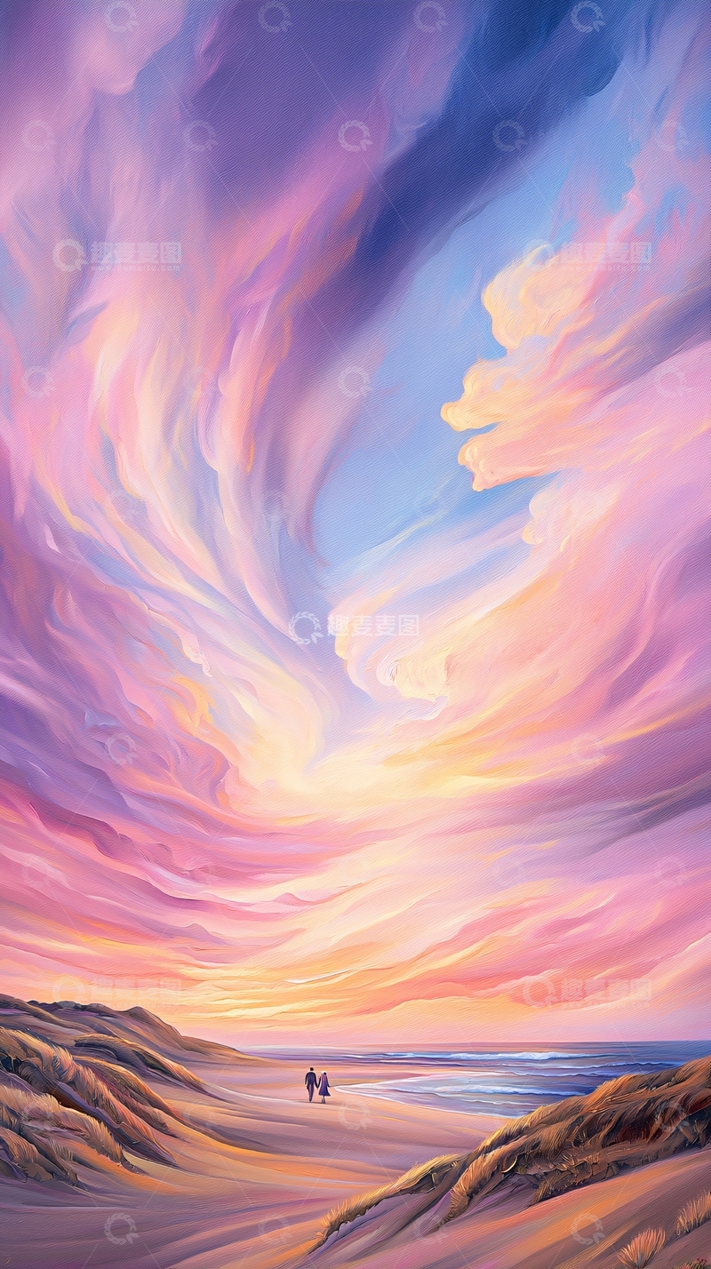 高清大图下载【趣麦麦图】浪漫海滩情侣漫步
