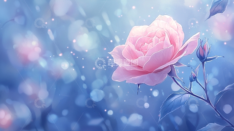 高清大图下载【趣麦麦图】梦幻蓝色背景下的粉色玫瑰花