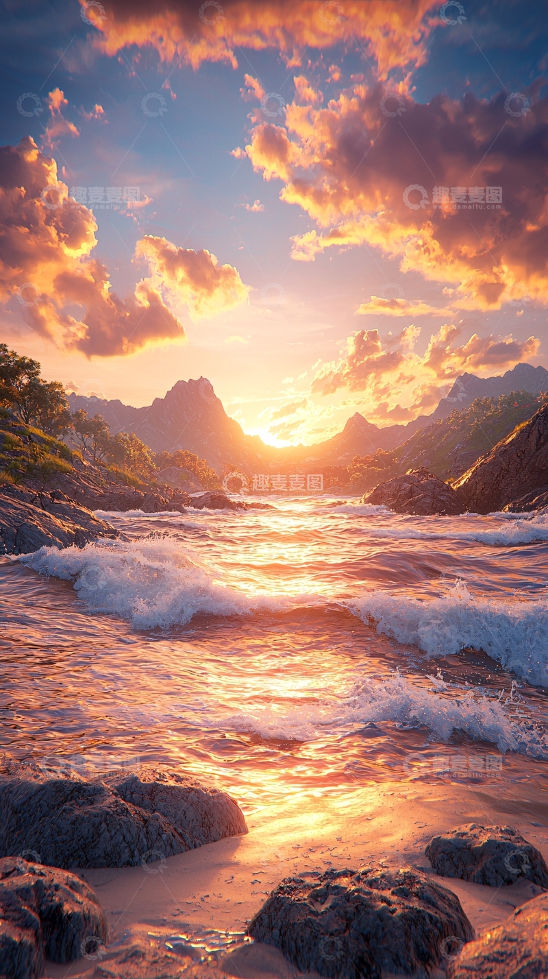 高清大图下载【趣麦麦图】日落山间河流美景