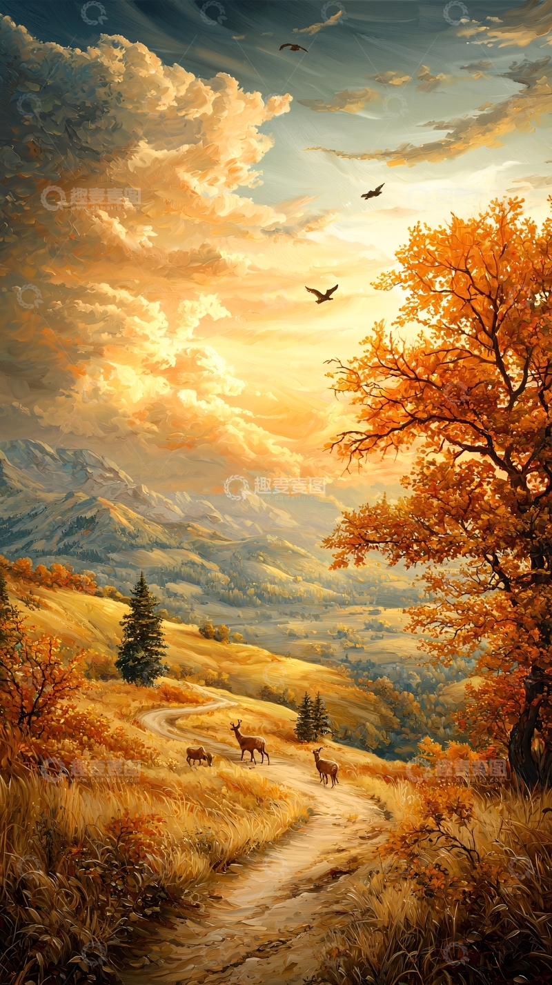 高清大图下载【趣麦麦图】秋日山间小路与鹿群