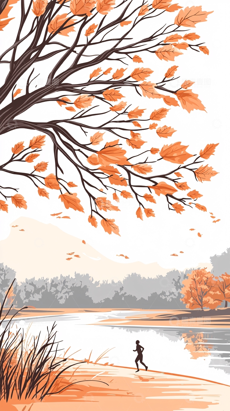 高清大图下载【趣麦麦图】秋日湖畔跑步风景图