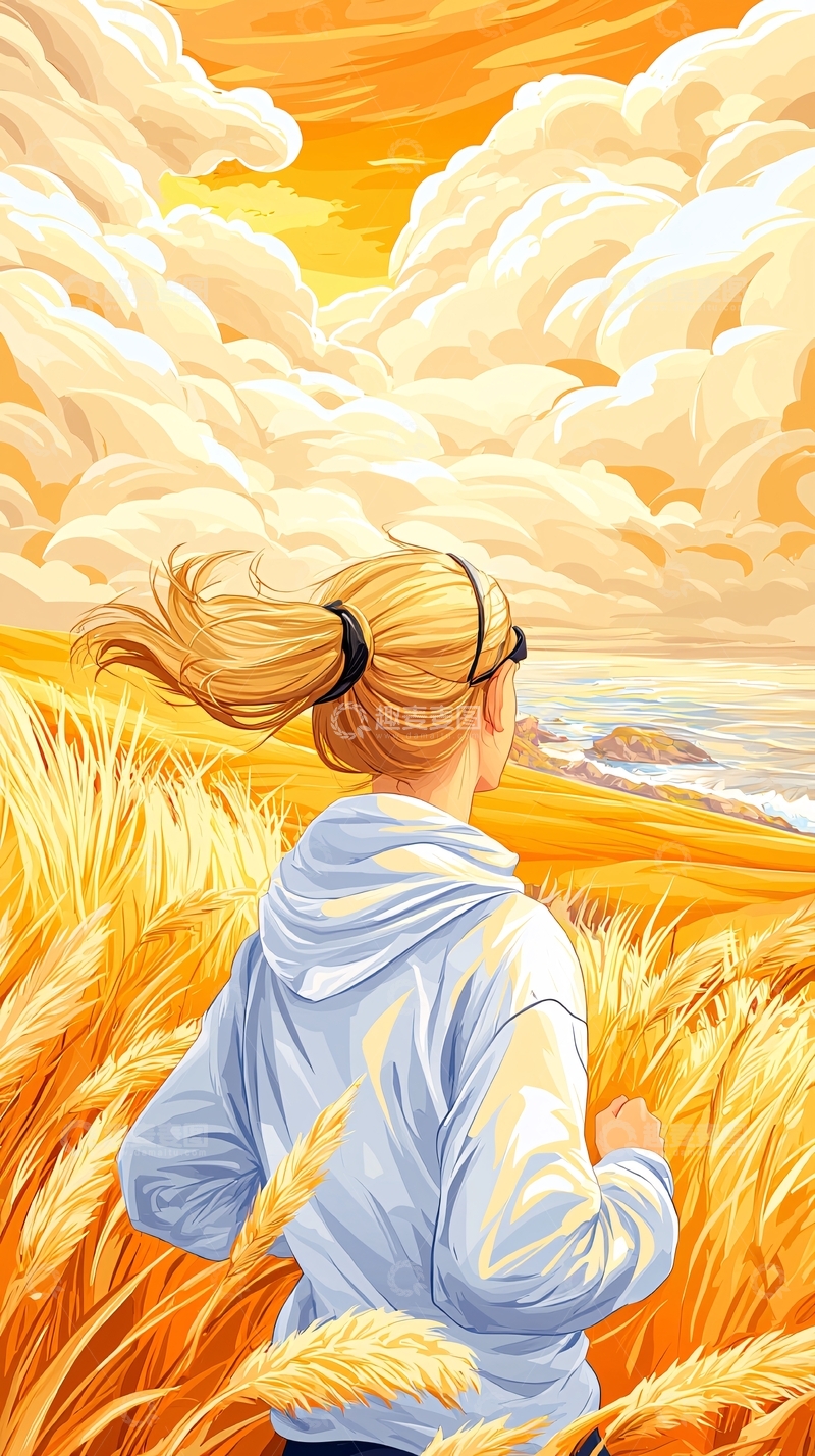 高清大图下载【趣麦麦图】金秋海边田野上的背影