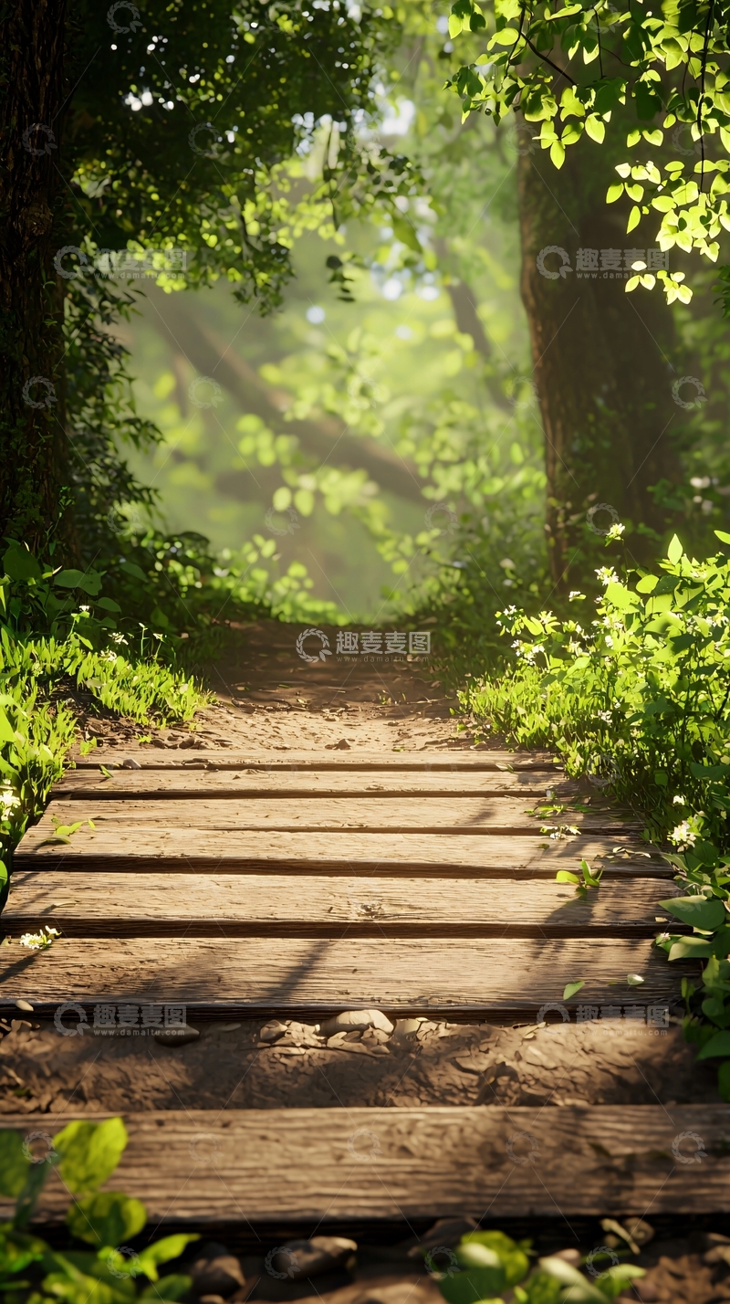 高清大图下载【趣麦麦图】森林小径上的木板台阶