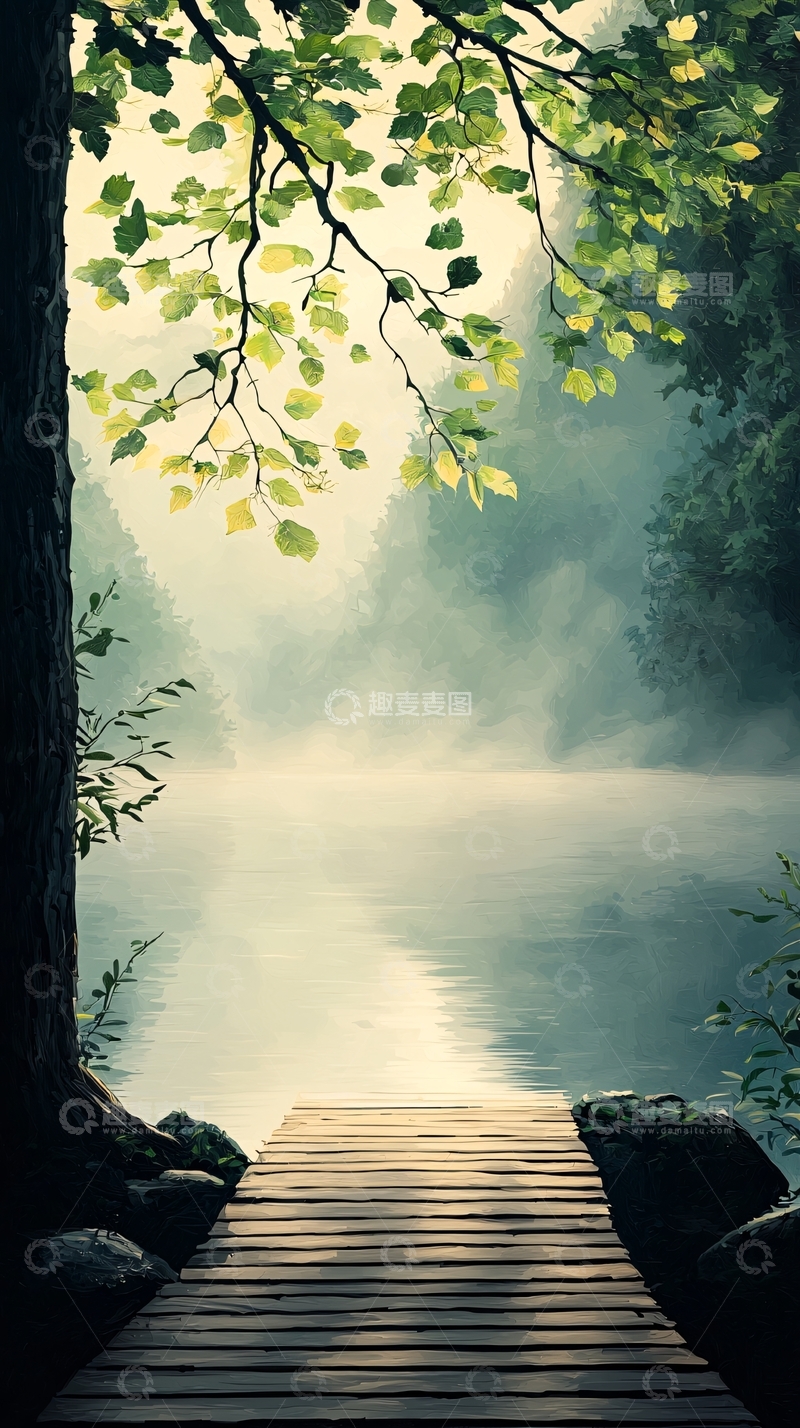 高清大图下载【趣麦麦图】晨雾中的木桥与静谧湖面