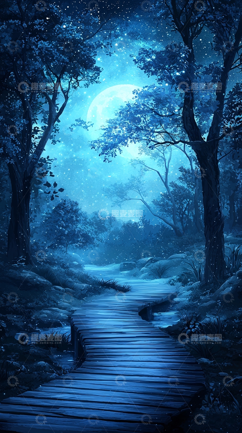 高清大图下载【趣麦麦图】月光下的森林小径