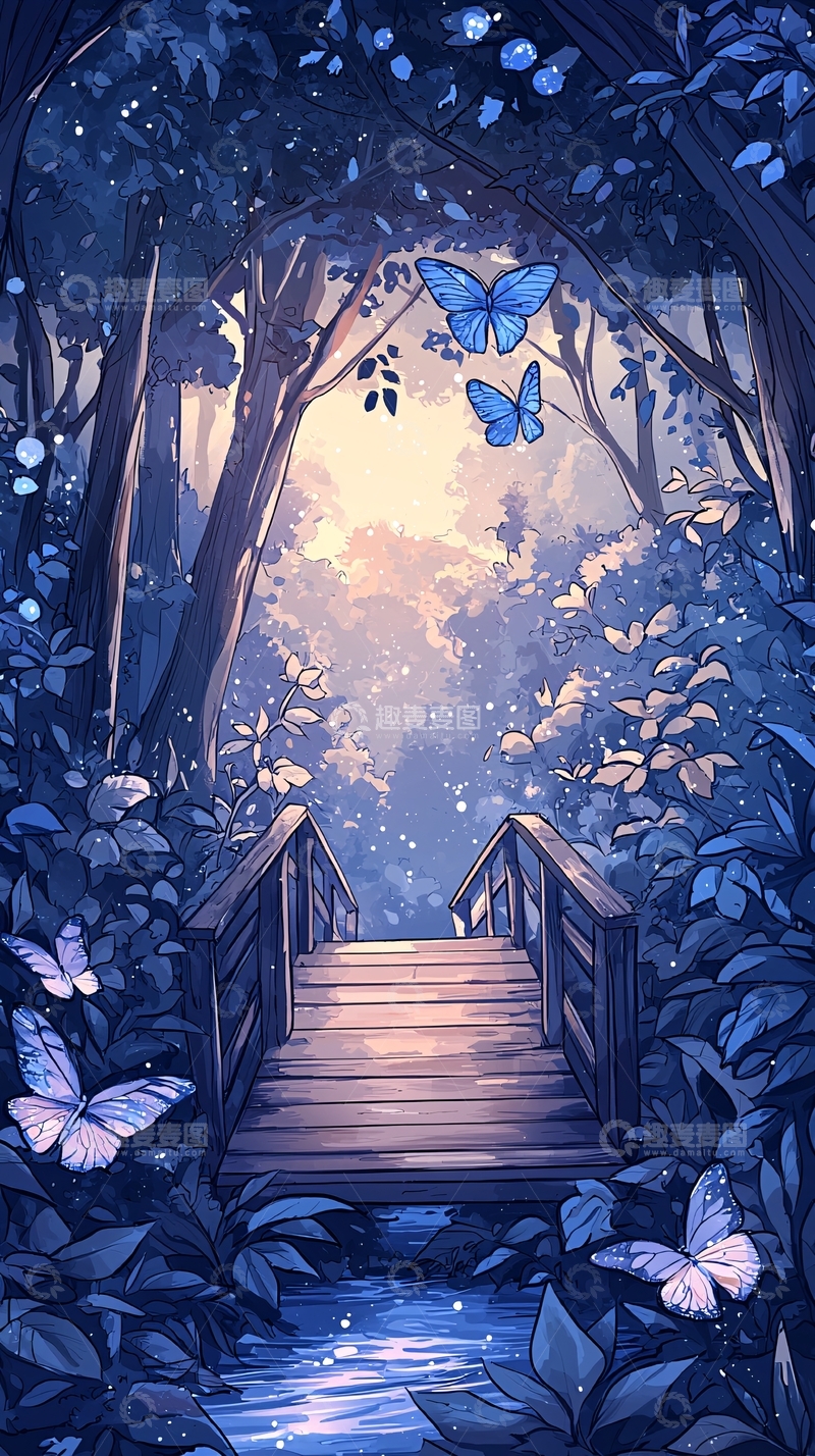 高清大图下载【趣麦麦图】梦幻森林中的木桥与蝴蝶
