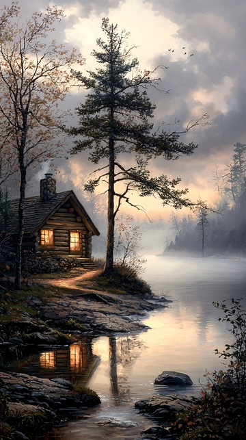 湖边小屋晨雾中的宁静