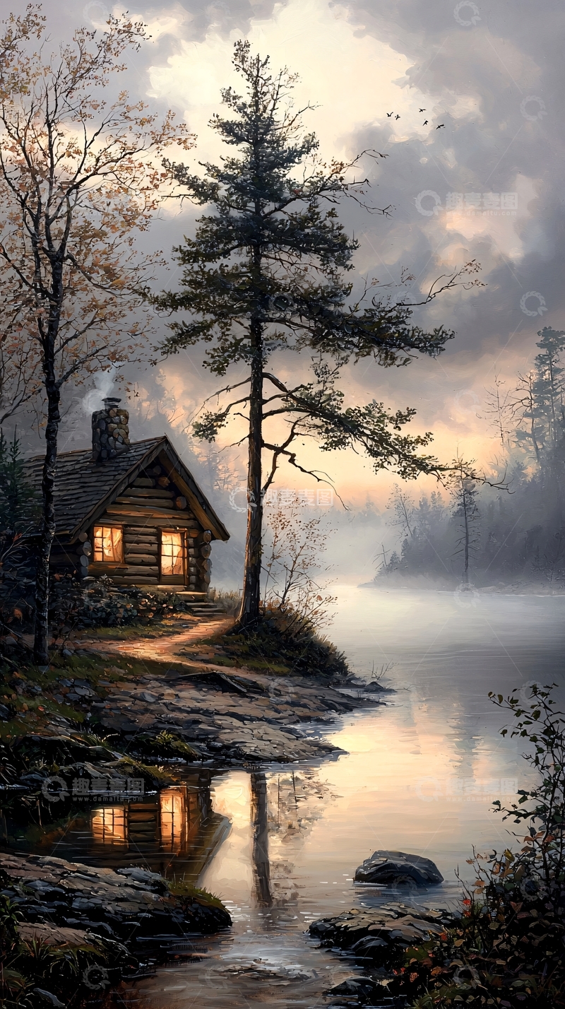 高清大图下载【趣麦麦图】湖边小屋晨雾中的宁静