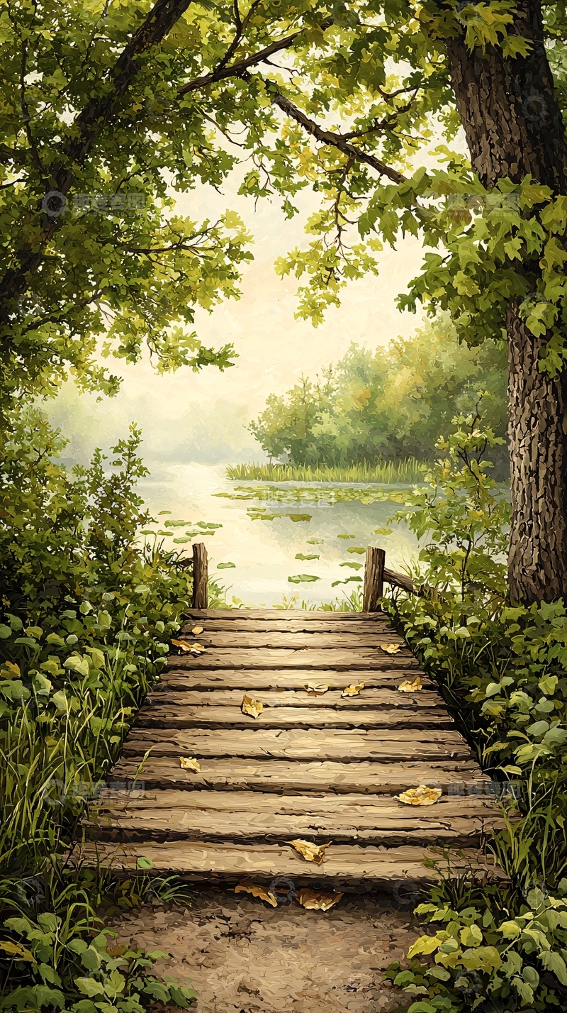 高清大图下载【趣麦麦图】木桥通往宁静湖畔