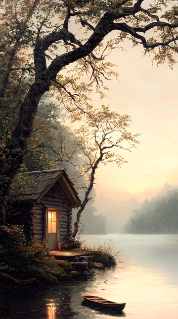 晨雾中的小屋与静谧湖景
