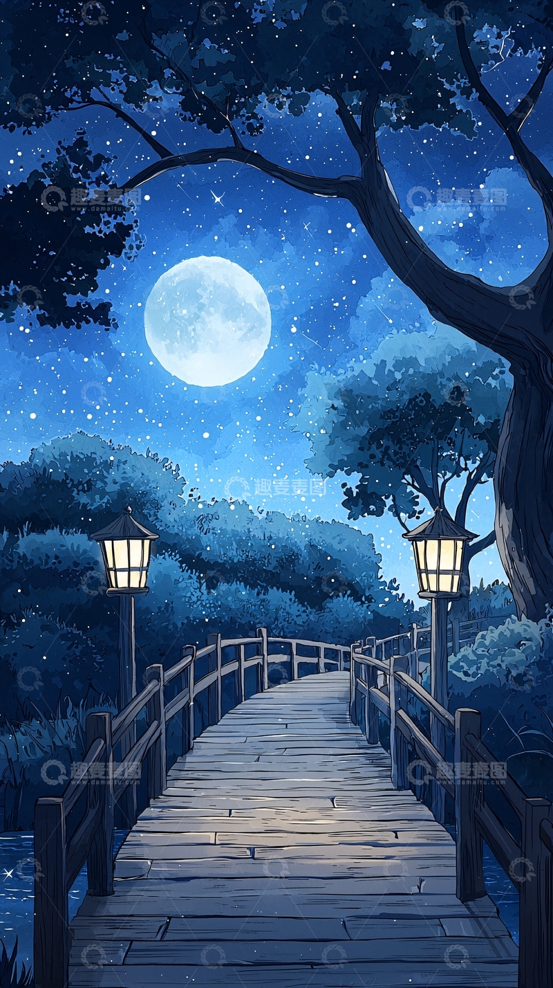 高清大图下载【趣麦麦图】夜色中的木桥与灯笼