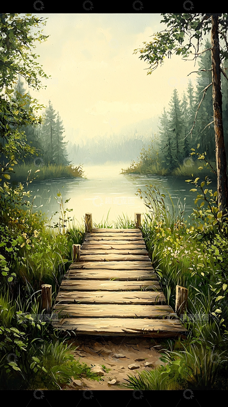 高清大图下载【趣麦麦图】森林中的木桥与宁静湖景