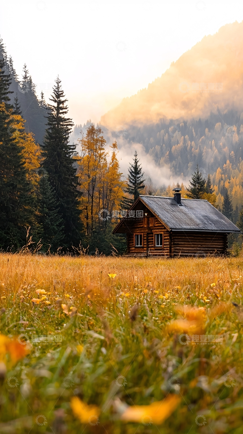高清大图下载【趣麦麦图】秋日山间木屋风景