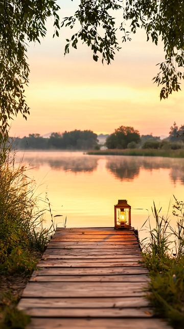 湖边木桥上的灯笼