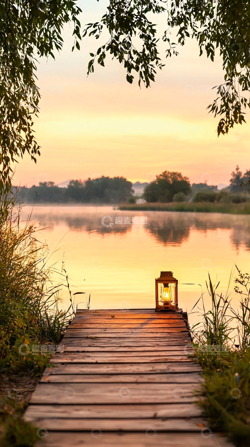 高清大图下载【趣麦麦图】湖边木桥上的灯笼