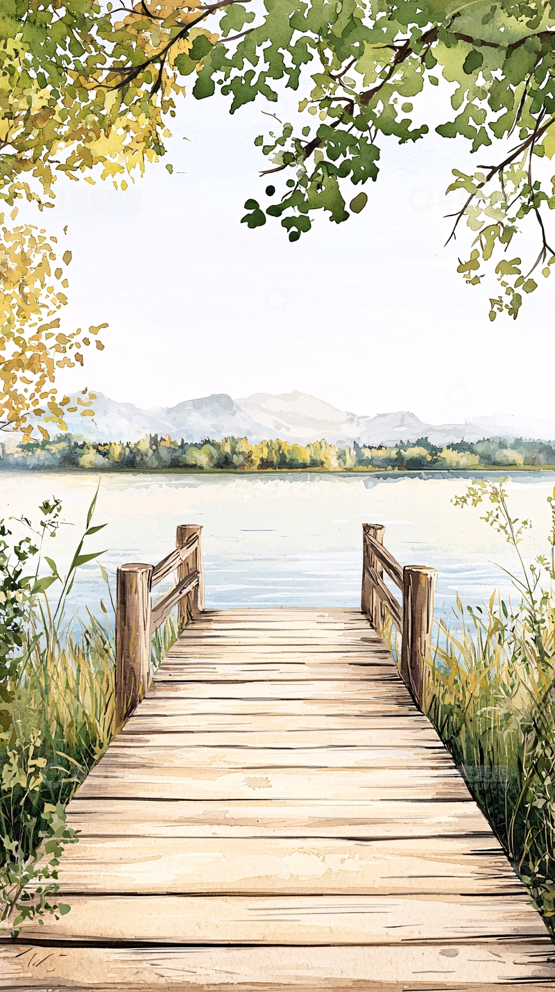 高清大图下载【趣麦麦图】湖边木桥风景画