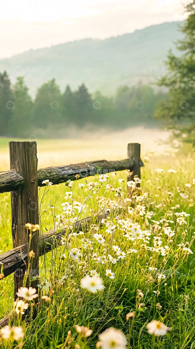 高清大图下载【趣麦麦图】乡村田野木栅栏与雏菊
