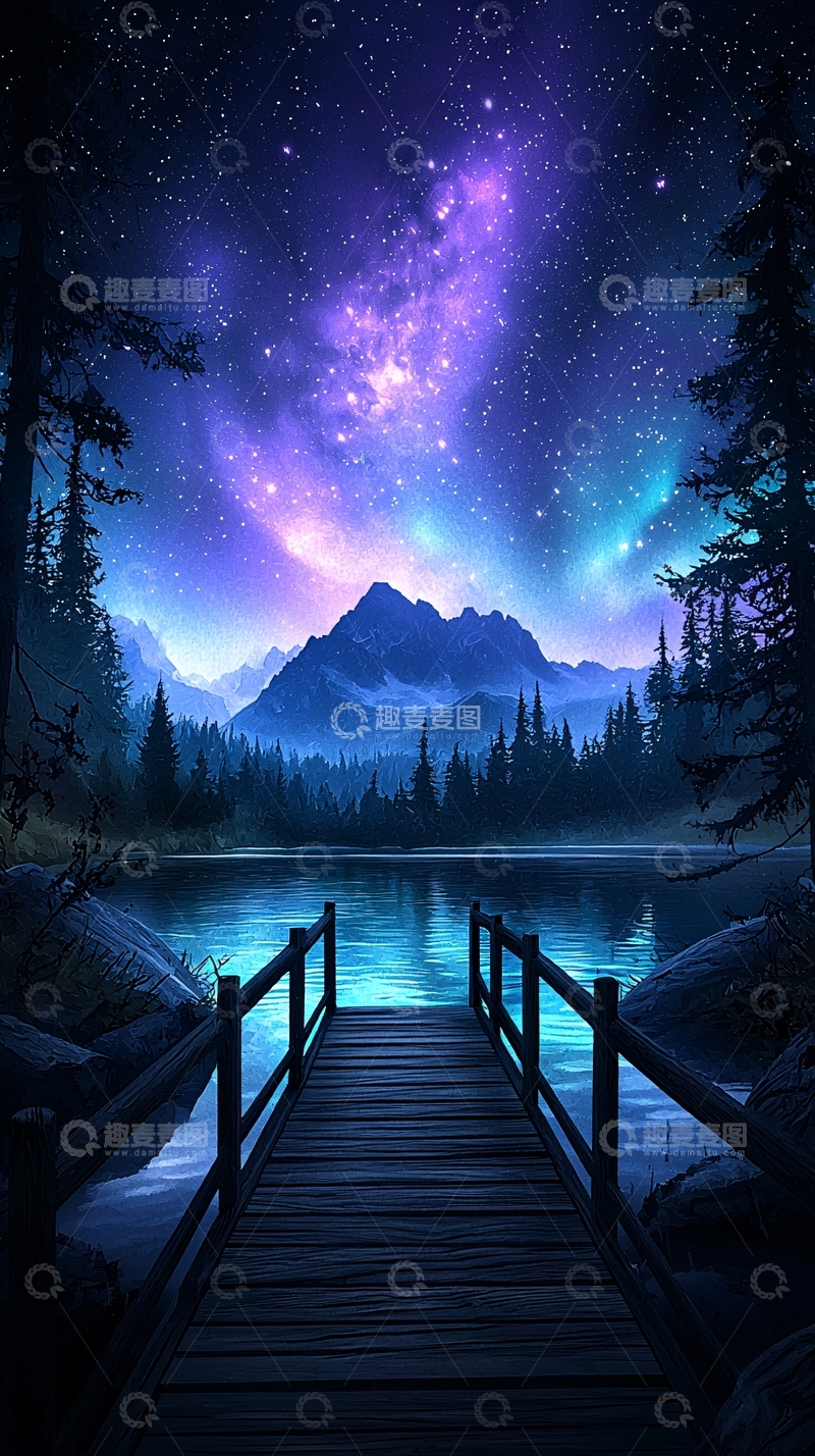 高清大图下载【趣麦麦图】夜景湖边木桥星空