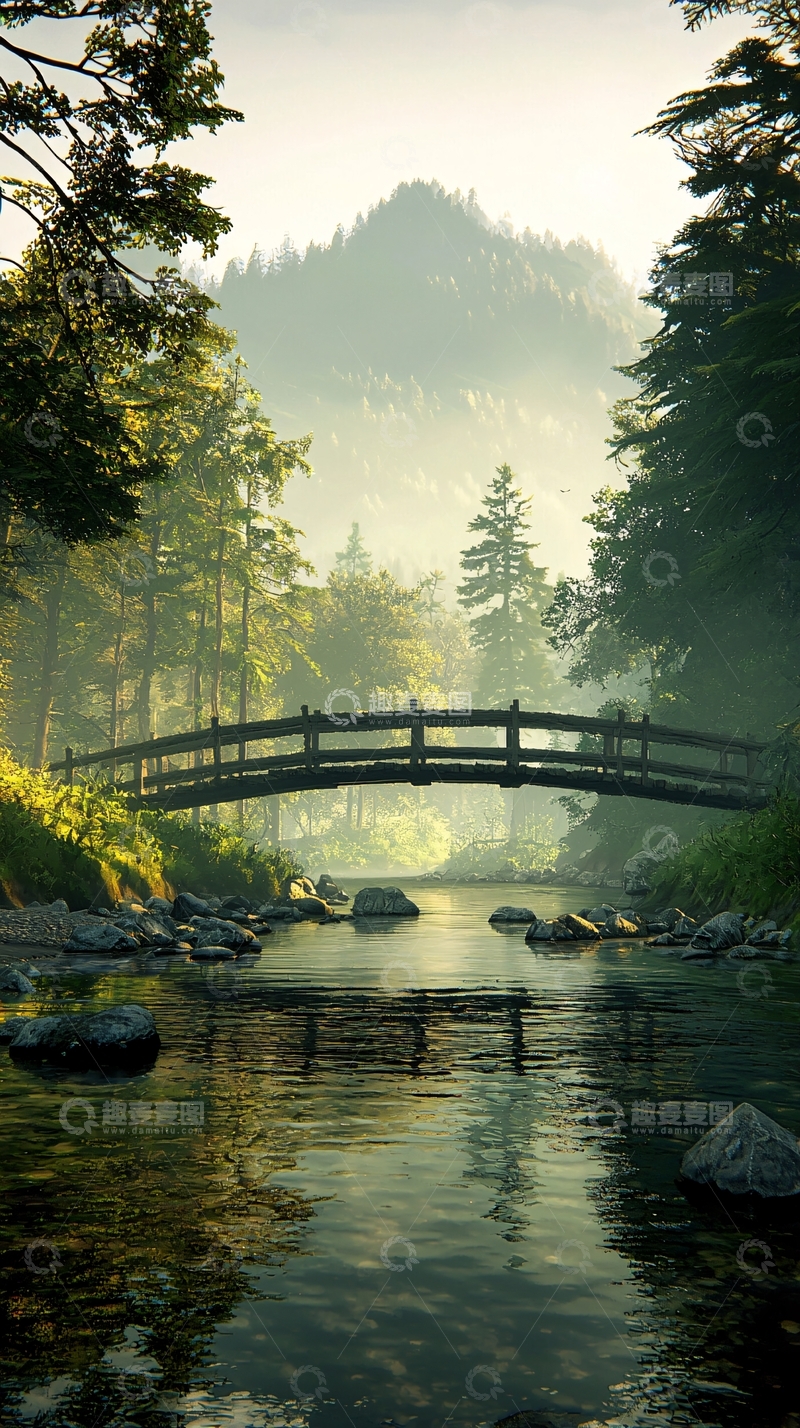 高清大图下载【趣麦麦图】晨雾中的小桥流水自然风光