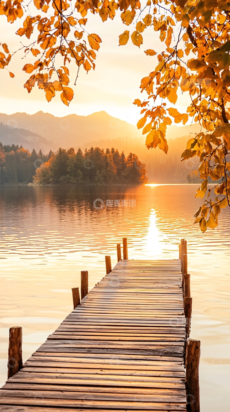 高清大图下载【趣麦麦图】秋日湖畔木桥夕阳